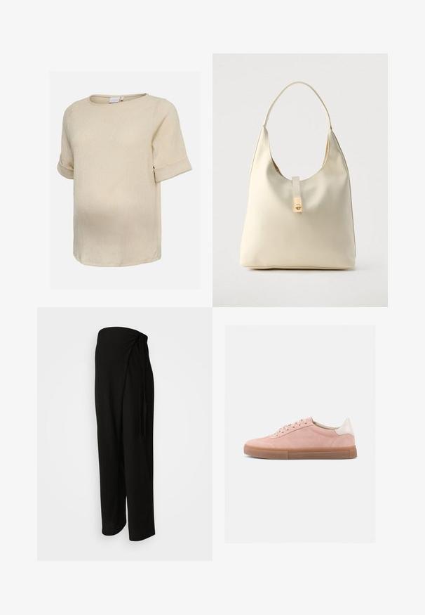 Beige kortærmet bluse med tekstur, rund halsudskæring og manchetærmer vist på hvid baggrund.; Sorte, vide benbukser lavet af et let, tekstureret stof; har et indviklet design og en knyttet detalje i taljen.; Lavtops rødbrun ruskindsneakers med brun gummisål og hvid hælfane, vist fra siden på en ensartet hvid baggrund.; Hobo-taske i cremefarvet læder med en enkelt skulderrem, glat tekstur og et guldfarvet spænde foran.