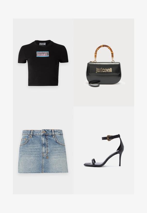 Mustmust t-särk, mis on valmistatud puuvillast, ja millel on värviline "Versace Jeans Couture" logopatch, millel on ruudukujuline disain ning zebra mustri detailid.; Hele kerge sinine teksaseelik, millel on sobiv talje, ees nupuga kinni keeratav ja kaks külgtaskut. Omab tooreid servu ja kontrastset õmblust.; Mustad kõrgete kontsadega sandaal õhukese pahkluu rihmaga, millel on dekoratiivne kuldne pandlaga ja üks varbarihm, tekstureeritud nahkviimistlus.; Mustast nahast käekott kuldse "Just Cavalli" logoga ees ja kaarekujuline bambusest sang, millel on eemaldatav pikk rihm.