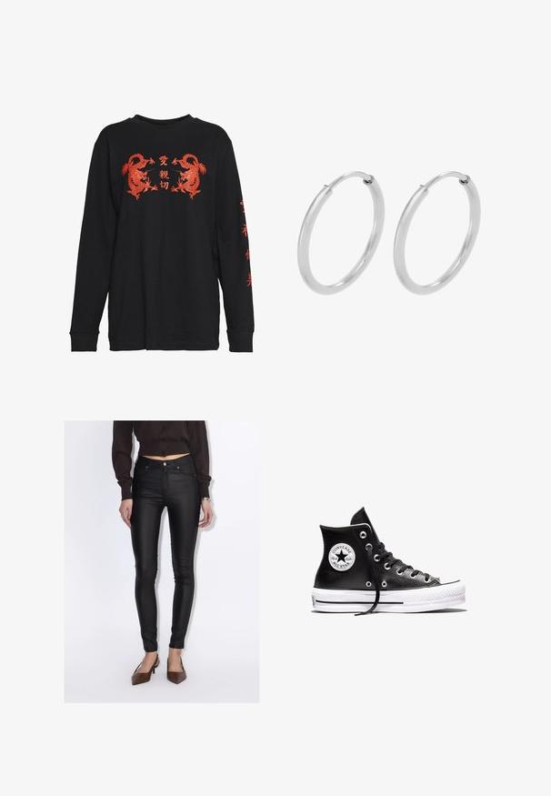 Schwarz langärmliges Shirt mit roten Drachengrafiken und japanischem Text auf der Vorderseite und dem Ärmel. Hergestellt aus Baumwollstoff. Lockerer Sitz.; Frau trägt schwarze, hoch taillierte Skinny-Hosen, ein kurz geschnittenes dunkelbraunes Hemd mit Knöpfen und braune spitze Schuhe mit Absatz.; Schwarzer Converse Chuck Taylor All Star High-Top-Sneaker mit weißer Gummisohle und Logo-Aufnäher am Knöchel, dargestellt vor weißem Hintergrund.; Silberne Creolen, kreisförmig, mit glatter, glänzender Oberfläche und gleichbleibender Breite. Minimalistisches Design ohne zusätzliche Akzente.