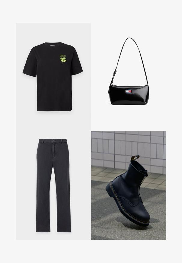 Zwarte katoenen t-shirt met korte mouwen en een recht model. Voorzien van een groene geborduurde klavertje vier en tekst op de linkerborst.; Zwarte jeans met rechte pijpen, knoop- en ritssluiting aan de voorkant, riemlussen en klassiek ontwerp met vijf zakken, plat gelegd op een witte achtergrond.; Zwarte leren enkellaars met een ritssluiting aan de zijkant, een gestructureerd oppervlak, geel stikselaccent en een rubberen zool.; Zwarte gepatineerde leren schoudertas met een gebogen schouderband, ritssluiting en een rechthoekig logo-opdruk in rood, wit en blauw.