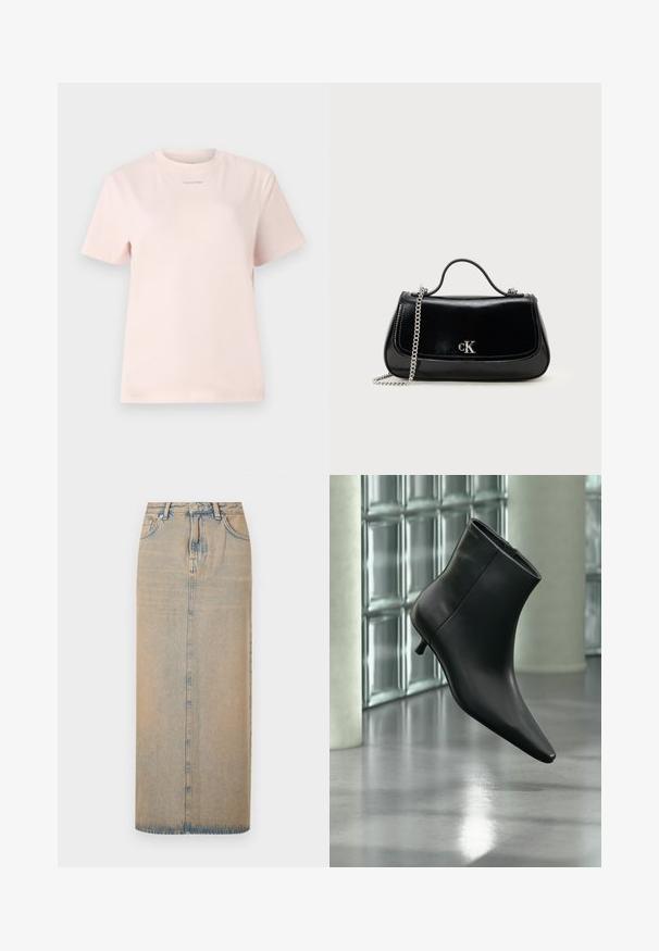 T-shirt en coton rose clair avec un col rond, des manches courtes et un petit logo "Calvin Klein" imprimé dans une couleur assortie sur la poitrine.; Une longue jupe en denim bleu clair avec une coupe droite. Comprend cinq poches, des passants de ceinture et un multiplicateur de boutons à l'avant. Texture décolorée sur toute la surface.; Bottine en cuir noir à bout pointu et petit talon kitten, présentée en angle devant un sol poli et un mur en blocs de verre.; Sac à main en cuir noir avec une chaîne en bandoulière, forme structurée et accent logo argenté. Texture lisse avec un rabat.