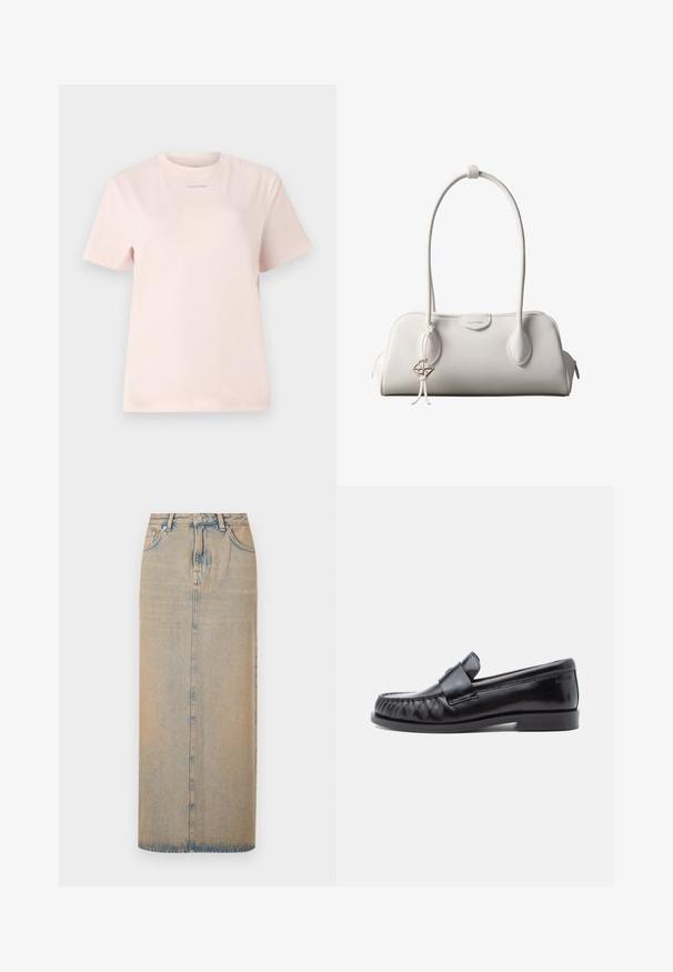 T-shirt en coton rose clair avec un col rond, des manches courtes et un petit logo "Calvin Klein" imprimé dans une couleur assortie sur la poitrine.; Une longue jupe en denim bleu clair avec une coupe droite. Comprend cinq poches, des passants de ceinture et un multiplicateur de boutons à l'avant. Texture décolorée sur toute la surface.; Mocassins en cuir noir avec un bout arrondi, une couture distinctive et une bride décorative sur le cou-de-pied. Finition lisse et talon bas.; Sac à bandoulière blanc Calvin Klein avec longues poignées, forme rectangulaire, fermeture éclair et charm logo décoratif suspendu près de la poignée.