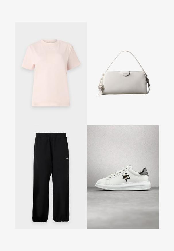 Lyserød bomulds t-shirt med rund hals, korte ærmer og et lille "Calvin Klein" logo trykt i en matchende farve på brystet.; Sorte sweatpants med elastisk talje, løse ben og en lille logo detalje på venstre side. Glat stof tekstur.; Hvide Karl Lagerfeld sneakers med snørebånd foran, sort og beige logo lap, og metallisk sølv hælflap, svævende over et gråt gulv.; Hvid rektangulær Calvin Klein håndtaske med enkelt håndtag, minimalistisk design og dekorative kvaster med geometrisk metalvedhæng på siden.