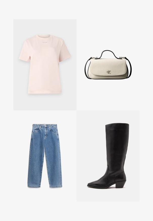 Lichtroze katoenen t-shirt met een ronde hals, korte mouwen, en een klein "Calvin Klein" logo gedrukt in een bijpassende kleur op de borst.; Blauwe denim jeans met een rechte pijp, vijf zakken, zichtbare stiksels en een knoopsluiting. Materiaal heeft een licht vervaagde textuur.; Zwarte leren laars tot half op de kuit met een puntige neus en een lage schuine hak op een effen lichte achtergrond.; Crèmekleurige rechthoekige handtas met zwarte riem en handvat, voorflapsluiting en een klein zilverkleurig "cK"-logo in het midden van de voorkant.