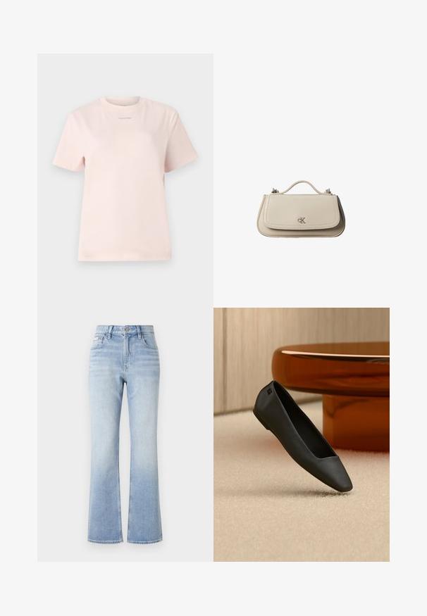 Svetloružové bavlnené tričko s okrúhlym výstrihom, krátkymi rukávmi a malým logom "Calvin Klein" natlačeným v zodpovedajúcej farbe na hrudi.; Svetlomodré rifľové elastické nohavice s vysokým pásom, kontrastným prešívaním, prednými vreckami a jemným vyblednutím smerom k lemovaniu.; Čierna balerína so špičatou špičkou ležiaca na béžovom koberci pri okrúhlom jantárovo sfarbenom stole v minimalistickom zariadení miestnosti.; Malá béžová kožená kabelka s horným držadlom a strieborným logom CK na prednej chlopni, zobrazená na bielom pozadí.