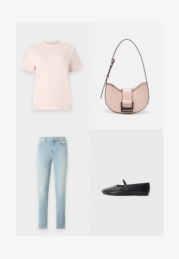 Helles rosa Baumwoll-T-Shirt mit Rundhalsausschnitt, kurzen Ärmeln und einem kleinen, im passenden Farbton auf der Brust bedruckten "Calvin Klein"-Logo.; Hellblaue Skinny Jeans mit einer ausgewaschenen Waschung, Fünf-Taschen-Design, Reißverschluss und Knopfverschluss sowie einem leichten Stretchanteil für mehr Komfort.; Schwarze Leder-Ballettschuhe mit spitzem Schuhzeug, flacher Sohle und einem kleinen Riemen mit silberner Schnalle.; Kleine, geschwungene Handtasche aus pinkem Leder mit glänzender Oberfläche, ausgestattet mit einem schwarzen Akzentgurt und einem großen schwarzen Verschluss. Crossbody-Design.