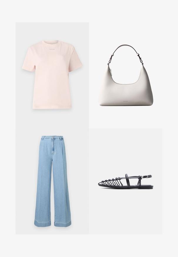 Svetloružové bavlnené tričko s okrúhlym výstrihom, krátkymi rukávmi a malým logom "Calvin Klein" natlačeným v zodpovedajúcej farbe na hrudi.; Svetlomodré džínsy s voľným strihom a vysokým pásom, s pútkami vpredu a nerovným lemom pre neformálny vzhľad.; Čierna plochá sandála s viacerými tenkými remienkami, prackou na členku a otvoreným dizajnom na špičke na bielom pozadí.; Krémová kožená kabelka Calvin Klein cez rameno s oblým horným okrajom, strieborným zipsom a tmavo hnedým nastaviteľným remienkom.