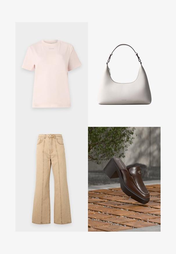 Lyserød bomulds t-shirt med rund hals, korte ærmer og et lille "Calvin Klein" logo trykt i en matchende farve på brystet.; Beige brede ben jeans med høj talje, fem lommer og kontrasterende syninger for ekstra detaljer. Bomuldsstof med en glat tekstur.; Brun læder Calvin Klein hæl mule svævende over trægulv med en sløret grøn plante og væg baggrund.; Cremefarvet skuldertaske i læder fra Calvin Klein med buet topkant, sølvfarvet lynlås og mørkebrun justerbar rem.
