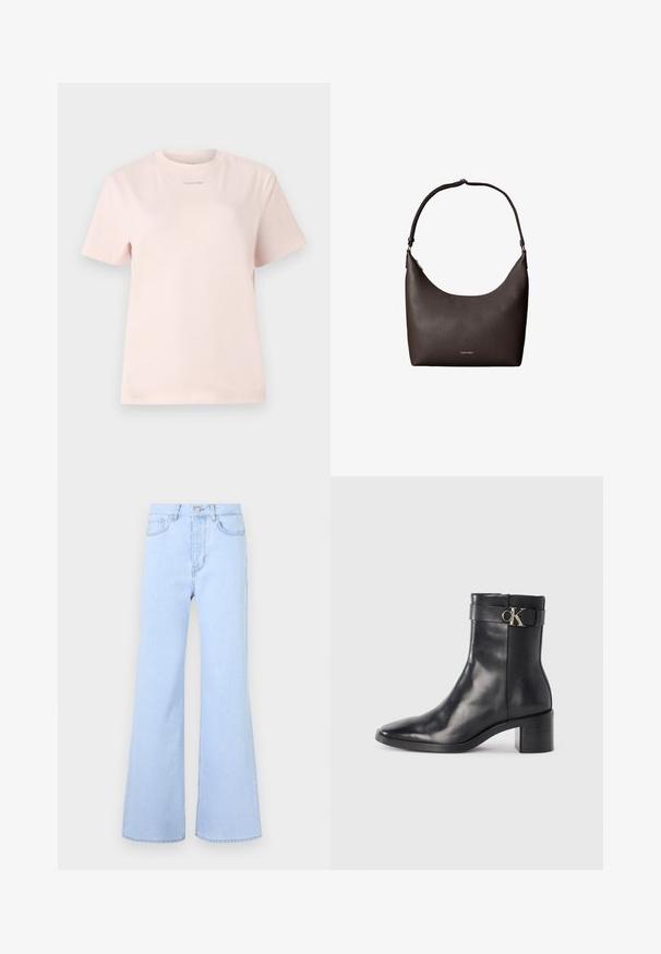 Helles rosa Baumwoll-T-Shirt mit Rundhalsausschnitt, kurzen Ärmeln und einem kleinen, im passenden Farbton auf der Brust bedruckten "Calvin Klein"-Logo.; Helle blaue Schlagjeans mit hoher Taille, die über fünf Taschen, einen Knopfverschluss und eine glatte Denim-Oberfläche verfügen. Der Saum ist sauber genäht.; Schwarze Leder-Ankle Boots mit spitzem Zehenbereich, Blockabsatz und einem Riemen mit einem metallischen Logodetail. Glatte Textur und minimales Design.; Dunkelbraune, strukturierte Leder-Schultertasche mit einem einzelnen Riemen und kleinem Calvin Klein Logo vorne in der Mitte.