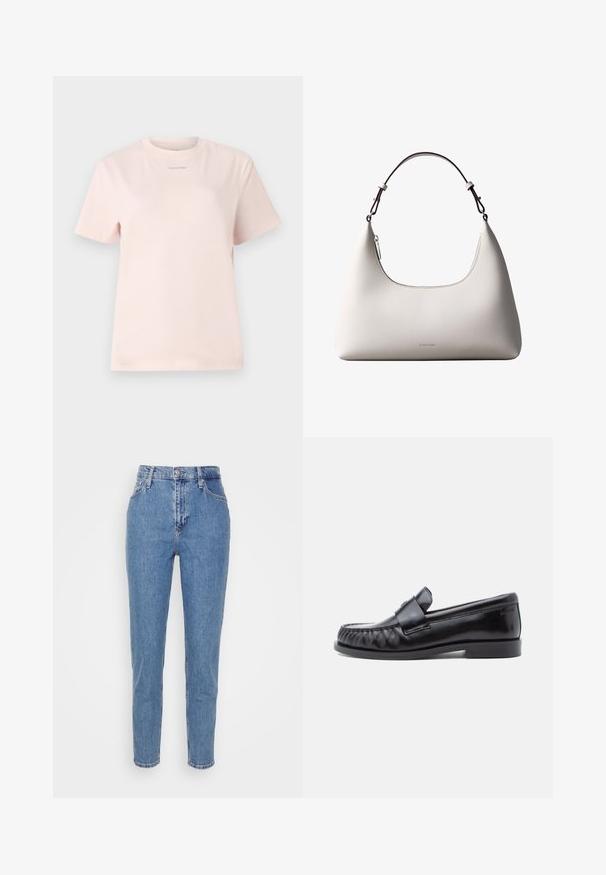 Lichtroze katoenen t-shirt met een ronde hals, korte mouwen, en een klein "Calvin Klein" logo gedrukt in een bijpassende kleur op de borst.; Blauwe high-waisted straight-leg jeans met een knoop en rits aan de voorkant, riemlussen en zakken, weergegeven op een effen witte achtergrond.; Zwarte leren loafers met een afgeronde neus, kenmerkende stiksels en een decoratieve band over de wreef. Gladde afwerking en lage hak.; Romige Calvin Klein leren schoudertas met gebogen bovenrand, zilveren rits en donkerbruine verstelbare riem.