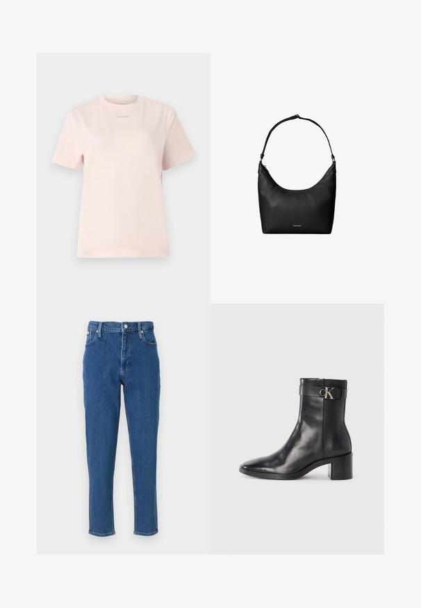 T-shirt en coton rose clair avec un col rond, des manches courtes et un petit logo "Calvin Klein" imprimé dans une couleur assortie sur la poitrine.; Jean en denim bleu avec taille haute, fermeture éclair, cinq poches, jambes droites, et une texture légèrement décolorée, avec un ourlet net.; Botte de cheville en cuir noir avec un bout pointu, un talon carré et une sangle avec un détail de logo métallique. Texture lisse et design minimaliste.; Sac à bandoulière en cuir noir texturé avec une sangle unique et un petit logo Calvin Klein au centre avant.