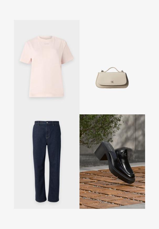 Helles rosa Baumwoll-T-Shirt mit Rundhalsausschnitt, kurzen Ärmeln und einem kleinen, im passenden Farbton auf der Brust bedruckten "Calvin Klein"-Logo.; Dunkelblaue Denim-Jeans mit geradem Bein, versehen mit einem Reißverschluss, Fronttaschen und sichtbaren Nähten in einer kontrastierenden Farbe.; Schwarze Leder-Slip-on-Mule von Calvin Klein mit Blockabsatz, die auf Holzfliesen im Freien nahe einer grünen Pflanze und einer grauen Wand ruht.; Kleine beigefarbene Lederhandtasche mit oberem Griff und silbernem CK-Logo auf der Frontklappe, vor weißem Hintergrund dargestellt.
