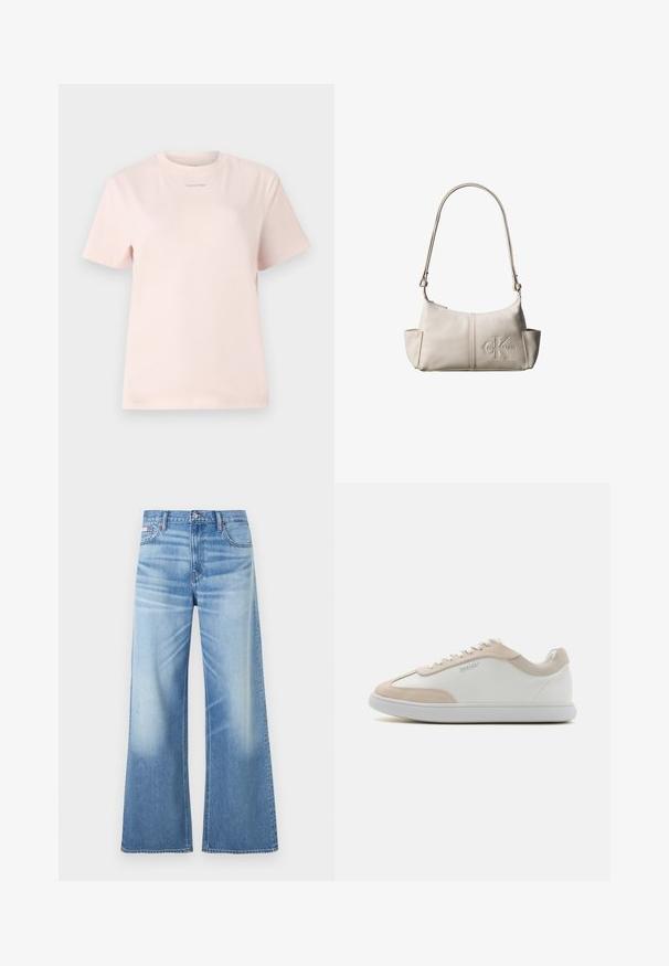 Svetloružové bavlnené tričko s okrúhlym výstrihom, krátkymi rukávmi a malým logom "Calvin Klein" natlačeným v zodpovedajúcej farbe na hrudi.; Calvin Klein Jeans LOW RISE BAGGY - Džínsy voľného strihu - diamond cove; Biele kožené tenisky s béžovými semišovými akcentmi a bielymi šnúrkami. Majú okrúhlu špičku a mäkkú podrážku pre pohodlie.; Malá béžová kožená kabelka cez rameno s nastaviteľným popruhom a vyrazeným logom Calvin Klein v prednej časti v strede.