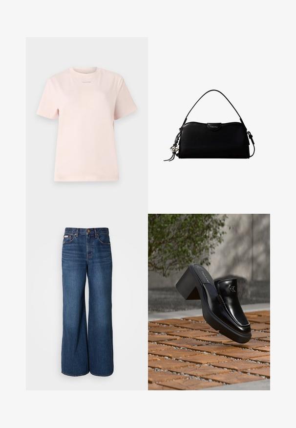 Helles rosa Baumwoll-T-Shirt mit Rundhalsausschnitt, kurzen Ärmeln und einem kleinen, im passenden Farbton auf der Brust bedruckten "Calvin Klein"-Logo.; Weite Jeans aus dunkelblauem Denim. Merkmale sind eine hohe Taille, fünf Taschen und kontrastierender orangefarbener Stitching entlang der Nähte.; Schwarze Leder-Slip-on-Mule von Calvin Klein mit Blockabsatz, die auf Holzfliesen im Freien nahe einer grünen Pflanze und einer grauen Wand ruht.; Schwarze, rechteckige Calvin Klein Handtasche mit einem einzelnen Tragegriff oben, silbernem Logo-Anhänger und kleinem Klappverschluss auf der Vorderseite.