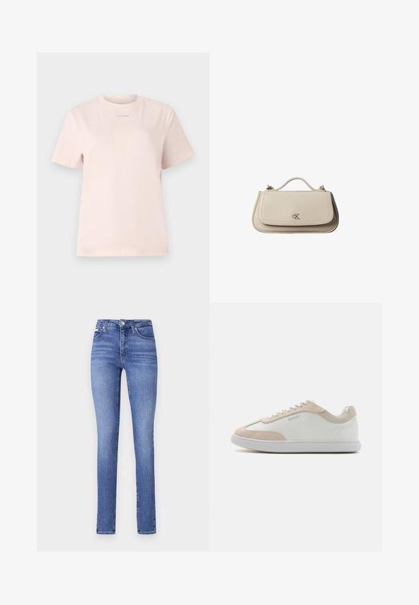 Svetloružové bavlnené tričko s okrúhlym výstrihom, krátkymi rukávmi a malým logom "Calvin Klein" natlačeným v zodpovedajúcej farbe na hrudi.; Džíny so vysokým pásom, slim-fit, z svetlomodrého denimu, s piatimi vreckami, jemným vyblednutím a klasickým zapínaním na gombík a zips.; Biele kožené tenisky s béžovými semišovými akcentmi a bielymi šnúrkami. Majú okrúhlu špičku a mäkkú podrážku pre pohodlie.; Malá béžová kožená kabelka s horným držadlom a strieborným logom CK na prednej chlopni, zobrazená na bielom pozadí.