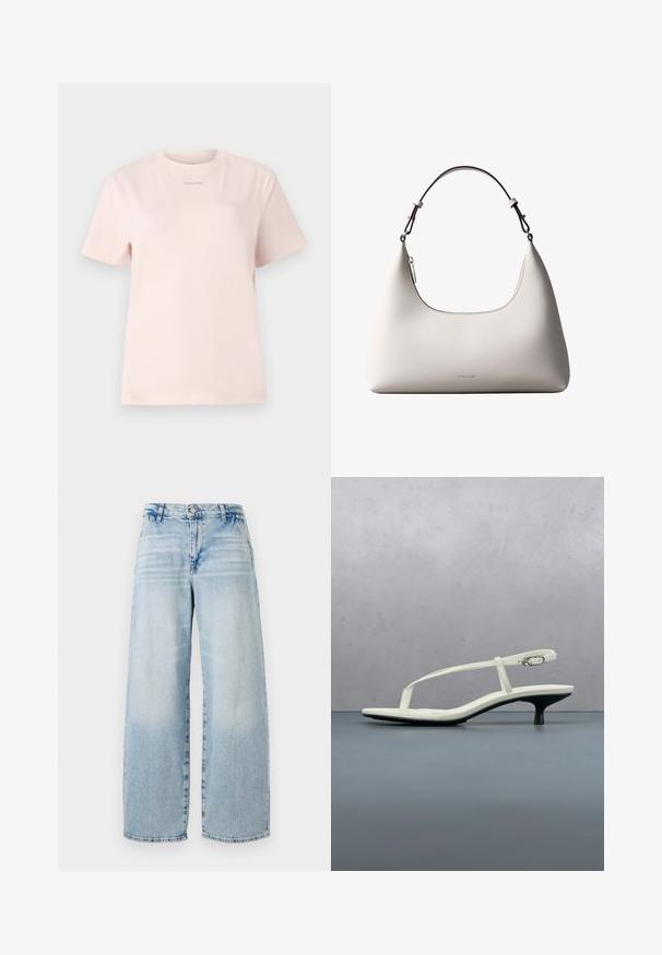 Helles rosa Baumwoll-T-Shirt mit Rundhalsausschnitt, kurzen Ärmeln und einem kleinen, im passenden Farbton auf der Brust bedruckten "Calvin Klein"-Logo.; Hellblaues Denim-Hose mit weitem Bein, hoher Taille, subtilen Used-Effekten, rohem Saum und klassischem Fünf-Taschen-Design.; Weiße Riemchenpantolette mit kitten heel und spitz zulaufender Zehenpartie, schwebt über einem Holzkachelboden im Freien mit verschwommenem Pflanzen- und Wandhintergrund.; Cremefarbene Calvin Klein Lederschultertasche mit gebogener Oberkante, silbernem Reißverschluss und dunkelbraunem verstellbarem Riemen.