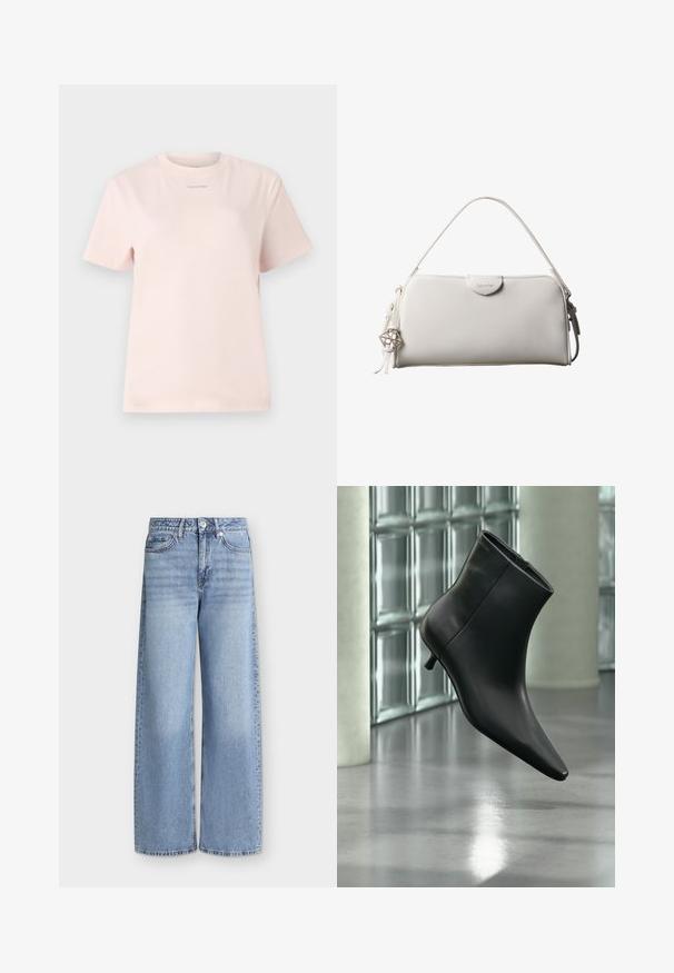 T-shirt en coton rose clair avec un col rond, des manches courtes et un petit logo "Calvin Klein" imprimé dans une couleur assortie sur la poitrine.; Jean bleu clair à jambes larges avec poches avant, passants de ceinture, fermeture par boutons et détails délavés sur les cuisses.; Bottine en cuir noir à bout pointu et petit talon kitten, présentée en angle devant un sol poli et un mur en blocs de verre.; Sac à main rectangulaire blanc Calvin Klein avec une seule poignée, design minimaliste et pampilles décoratives avec un charm métallique géométrique sur le côté.