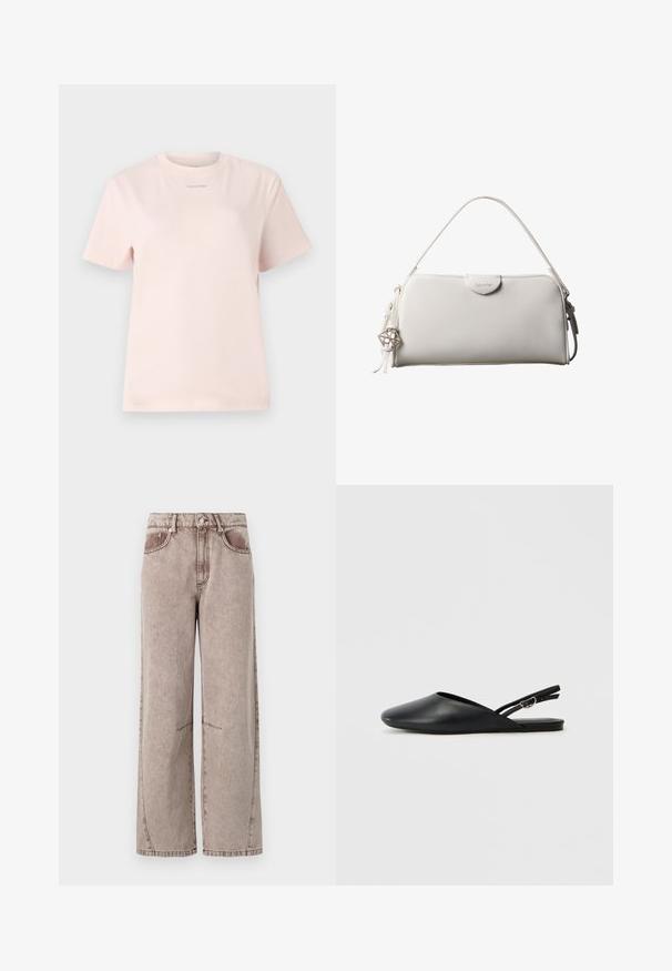 Heled roosa puuvillane T-särk ümmarguse kaeluse, lühikeste varrukatega ja rinnal väikese samasuguse värvi "Calvin Klein" logo trükiga.; Laiad, kõrge vöökohaga teksapüksid heledas pruunis, millel on õrn tekstuur, viie tasku disain ja nähtav õmblus.; Must mustad slingback kingad mustaga nahast, terava varba, kõverdisainiga ja reguleeritava pandlaga. Siledad pinnad, lame tald, minimaalne detailide kasutamine.; Valge ristkülikukujuline Calvin Kleini käekott ühe käepidemega, minimalistliku disainiga ja dekoratiivsete tutikestega, mille küljes on geomeetrilise metallist ripats.