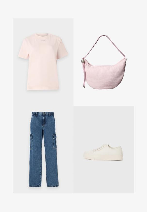 Camiseta de algodón rosa claro con cuello redondo, mangas cortas y un pequeño logo de "Calvin Klein" impreso en un color a juego en el pecho.; Pantalones cargo de denim azul con un ajuste relajado, que cuentan con dos bolsillos laterales, costuras reforzadas y un diseño de pierna recta.; Zapatillas de lona color marfil, con un diseño de corte bajo, punta redonda y suela de goma plana con un sutil detalle de costura.; Bolso de hombro de color rosa suave con forma de media luna, correa ajustable de cordón, tope metálico y sutil logo en relieve "cK" en el centro frontal.