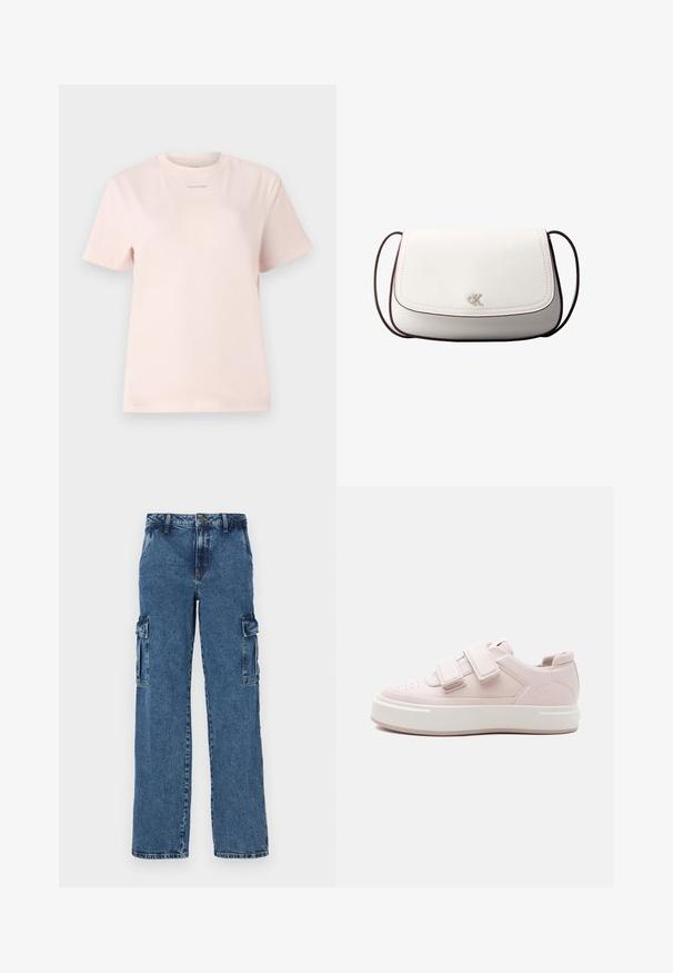 Helles rosa Baumwoll-T-Shirt mit Rundhalsausschnitt, kurzen Ärmeln und einem kleinen, im passenden Farbton auf der Brust bedruckten "Calvin Klein"-Logo.; Blaue Denim-Cargohosen mit lockerer Passform, ausgestattet mit zwei Seitentaschen, verstärkten Nähten und einem geraden Bein-Design.; Flacher Sneaker in blassem Rosa mit zwei breiten Klettverschlüssen, dicker weißer Sohle, perforierter Zehenpartie und dezentem „ck“-Logo an der Seite.; Weiße Umhängetasche mit Klappverschluss, kleinem silbernem "cK"-Logo in der Mitte und dünnem, verstellbarem dunkelbraunem Riemen.