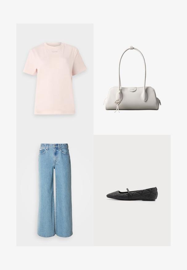 Lyserød bomulds t-shirt med rund hals, korte ærmer og et lille "Calvin Klein" logo trykt i en matchende farve på brystet.; Lyseblå brede jeans lavet af denim, med høj talje, fem-lomme design og subtil falming langs stoffet.; Sort flad sko med spids tå, quiltede geometriske mønstre og en tynd rem over vristen på en ensfarvet baggrund.; Hvid Calvin Klein skuldertaske med lange håndtag, rektangulær form, lynlåslukning og dekorativt logohæng tæt på håndtaget.