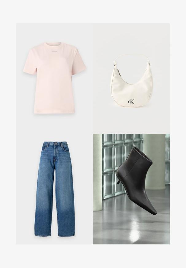 Lyserød bomulds t-shirt med rund hals, korte ærmer og et lille "Calvin Klein" logo trykt i en matchende farve på brystet.; Bredde ben blå denimjeans med et klassisk fem-lomme design. Har en knaplukning og let falmning for tekstur.; Sort læderankelstøvle med spids tå og lille hæl vist mod en væg af glasblokke og poleret gulv baggrund.; Lille hvid halvmåneformet håndtaske med kort rem, lynlås og sort "cK"-logo foran.
