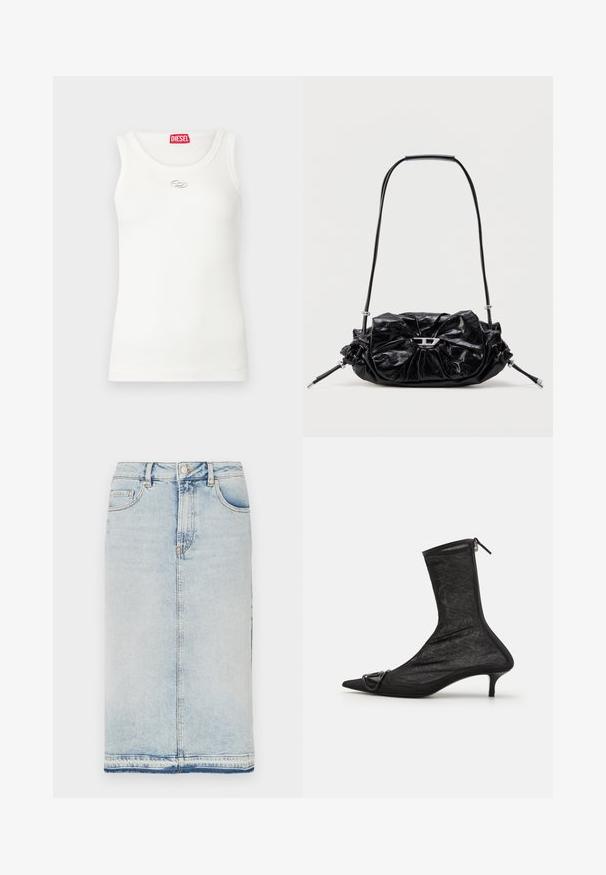 Valge top, millel on sooniline tekstuur, ümar kaelus, äravõetavad varrukad ja hõbedane logoga detail rinnal. Krael punane kaubamärgi silt.; Helesinine denim midi seelik viie taskuga, sirge lõikega ja toores äärestusega. Klassikaline metallnupp ja lukuga sulgemine.; Must mustaankeliga mustad võrgukudumid, terava koonuga, lukuga ja väikese kontsaga. Omab dekoratiivset pandlat varvaste lähedal.; Mustast nahast käekott, millel on kokku kogutud disain ja ees lipsukaunistus. Varustatud lühikese sangaga ja hõbedaste metalldetailidega.