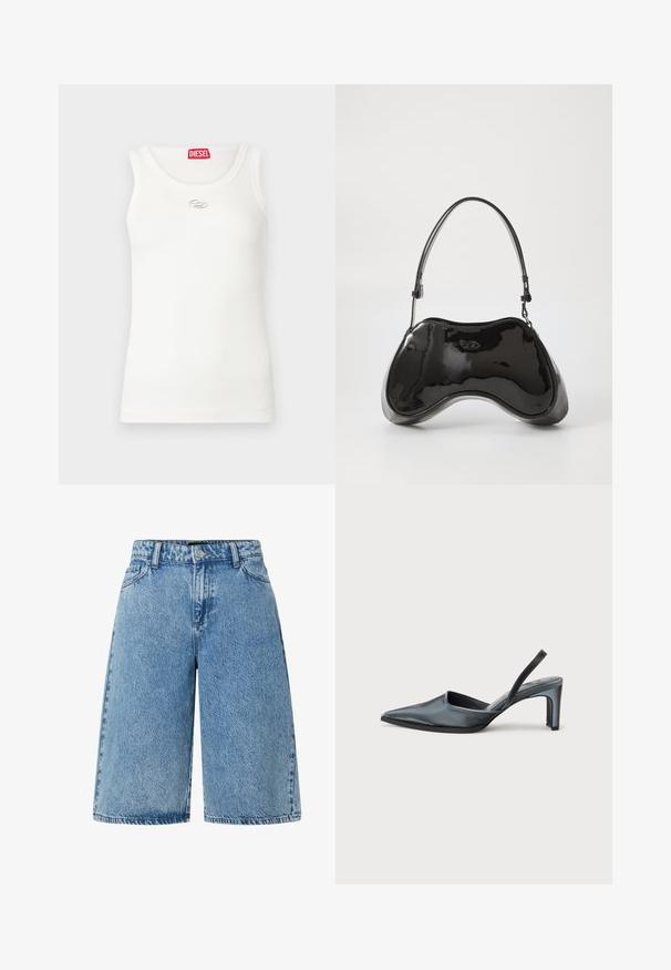 Débardeur blanc à texture côtelée, encolure ronde, sans manches et orné d'un logo argenté sur la poitrine. Étiquette de marque rouge au col.; Shorts en denim bleu clair, avec une coupe large, un style classique à cinq poches, et un tissu texturé avec une finition délavée.; Escarpin noir à bride arrière avec un bout pointu, une finition satinée élégante et un talon fin de 7,5 cm. Design latéral ouvert avec des détails de couture minimalistes.; Sac à main en cuir verni noir avec une forme incurvée unique, une anse courte et ajustable, et une fermeture zippée. Texture lisse avec un branding discret.