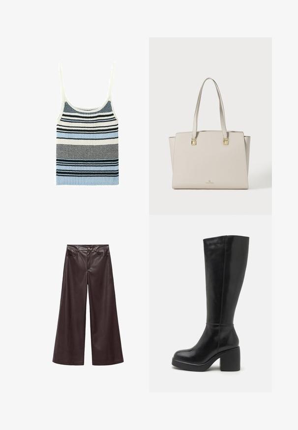 Strikket ærmeløs tanktop med tynde stropper med vandrette striber i sort, hvid og lyseblå mønstre.; Brune faux læder wide-leg bukser med høj talje, der har forlommer og klassisk knaplukning. Glat tekstur og mat finish.; Zign LEATHER - Højhælede støvler - black; Kremfarvet lædertaske med to skulderstropper og guldfarvede firkantede metaldetaljer.