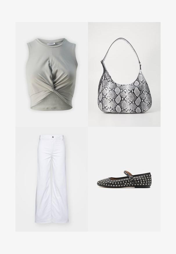 Sivý bavlnený crop top s okrúhlym výstrihom a bezrukávovým dizajnom, ktorý má skrútený predný detail a hladkú, mäkkú textúru.; Biele nohavice s širokými nohavicami vyrobené z denimu, so zapínaním na gombík a pútkami na opasok. Hladká textúra s čistým prešívaním a bez vzorov.; Čierne kožené ploché topánky s okrúhlou špičkou, so strapcom a striebornými cvokmi rovnomerne rozmiestnenými po hornej časti.; Mäkká čierna a biela taška cez rameno s hadím vzorom zaobleného tvaru, hladkou textúrou a zakriveným popruhom. Obsahuje akcenty zo strieborného kovu.