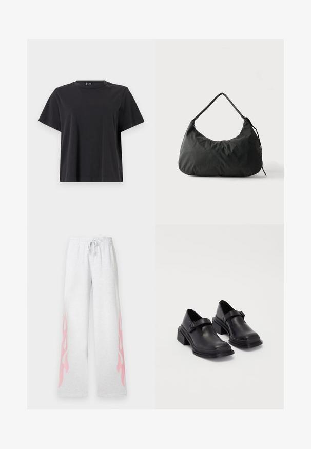 Camiseta negra de manga corta con escote redondo, hecha de suave tela de algodón; presenta un corte relajado y un color sólido sin estampados.; Pantalones deportivos gris claro con piernas anchas, cintura elástica, cordón y diseños de llamas rosas en ambos lados.; Zapatos de cuero negros con punta redondeada, suela plana y una correa con detalle de hebilla. Tacón cuadrado grueso para mayor estabilidad.; Bolso de hombro de tela negra y suave con una sola correa y textura ligeramente arrugada sobre un fondo claro y liso.