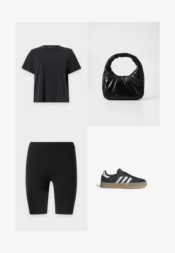 Camiseta negra de manga corta con escote redondo, hecha de suave tela de algodón; presenta un corte relajado y un color sólido sin estampados.; Leggings negros de longitud a la rodilla hechos de tela elástica. Presentan una textura suave con una amplia cinturilla elástica para mayor comodidad y ajuste.; Zapatilla deportiva de cuero negro con tres rayas plateadas, punta texturizada y suela de goma. Cuenta con un collar acolchado y un diseño con cordones.; Bolso negro acolchado con un asa redondeada, que presenta una superficie lisa y brillante y una textura suave y acolchada. Sin herrajes ni acentos visibles.