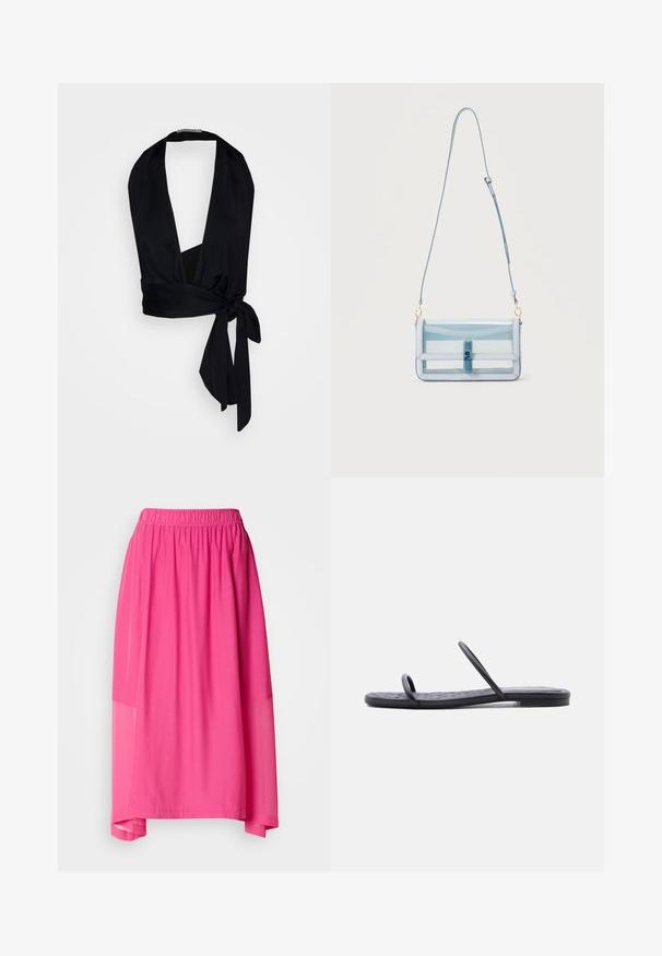Ioannes WRAP VEST - Top - black; Rosa Midirock mit elastischem Taillenbund, der ein geschichtetes Design und durchsichtige Akzente aufweist, was eine fließende Silhouette und weiche Textur schafft.; Schwarze flache Sandale mit dünner, gesteppter Sohle und zwei schmalen Riemen über den Zehen und dem Mittelfuß, seitlich auf weißem Hintergrund abgebildet.; Hellblaue rechteckige Umhängetasche mit transparentem Frontpaneel, verstellbarem Riemen und mittigem blauem Verschluss, vor neutralem Hintergrund.