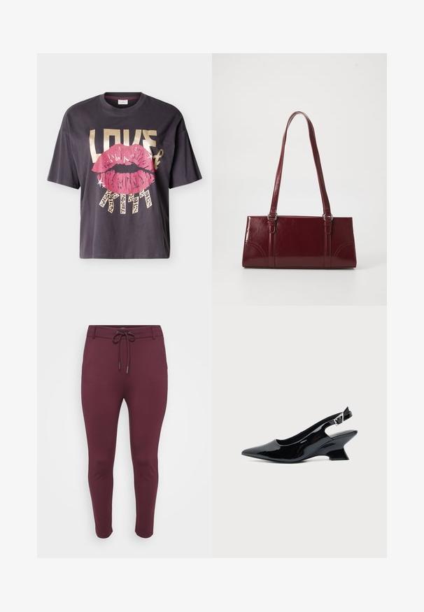T-shirt gris foncé avec un graphisme de grandes lèvres roses et un texte en gras indiquant "LOVE & KISS" en lettres beige et imprimé léopard.; Pantalons extensibles bordeaux avec une taille à cordon de serrage, présentant une coupe ajustée et des jambes fuselées, affichés sur un fond blanc.; Chaussure slingback en cuir verni noir avec bout pointu et petit talon bloc incliné sur fond clair uni.; Sac à main bordeaux en matériau brillant, de forme rectangulaire, avec deux anses et des accents légèrement courbés à l'avant.