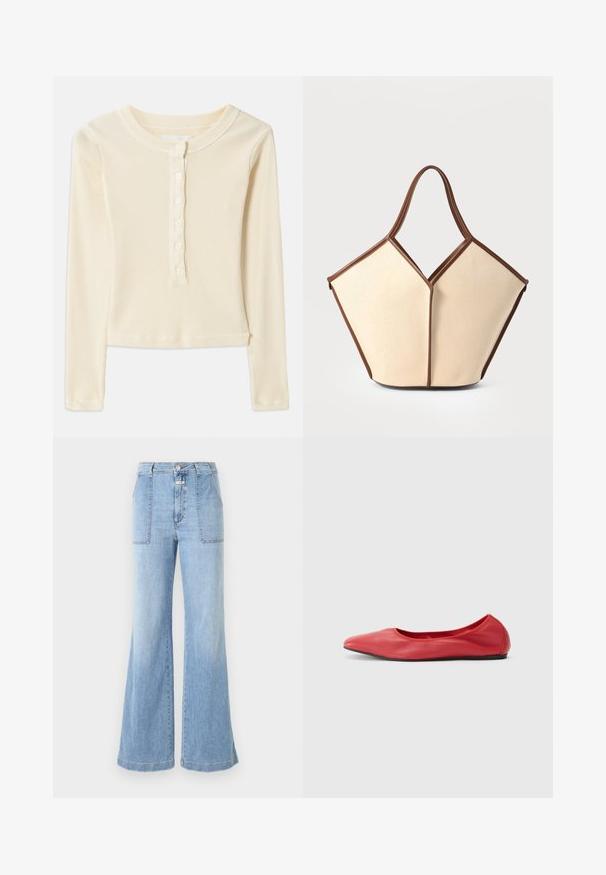 Helles gelbes, geripptes Langarmoberteil mit Rundhalsausschnitt und sechs Knöpfen als Verschluss vorne. Hat einen cropped Saum und eine weiche Textur.; CLOSED ARIA - Flared Jeans - light blue; Filippa K REY FLATS - Klassischer Ballerina - bright red; Canvas-Tasche mit einem cremfarbenen Körper und braunen Lederakzenten. Das Design zeichnet sich durch eine einzigartige V-förmige Öffnung und zwei geschwungene Griffe aus.