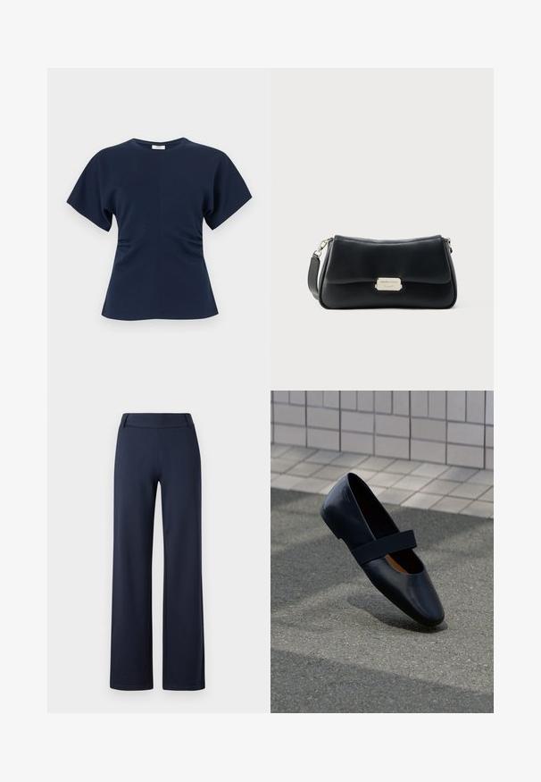 Marineblauw dames T-shirt met korte mouwen, ronde halslijn en lichte plooien in de taille, weergegeven op een effen witte achtergrond.; Marineblauwe wijde broek gemaakt van zacht, rekbaar materiaal. Kenmerkt zich door een vlakke tailleband en een gladde textuur; geen zichtbare patronen of hardware.; Zwarte leren platte schoen met een ronde neus, voorzien van een zachte zwarte elastische band over de wreef. Gladde textuur en minimalistisch ontwerp.; Zwarte lederen schoudertas met een gebogen vorm, voorzien van een goudkleurig metalen label en een afneembare riem. Gladde textuur.