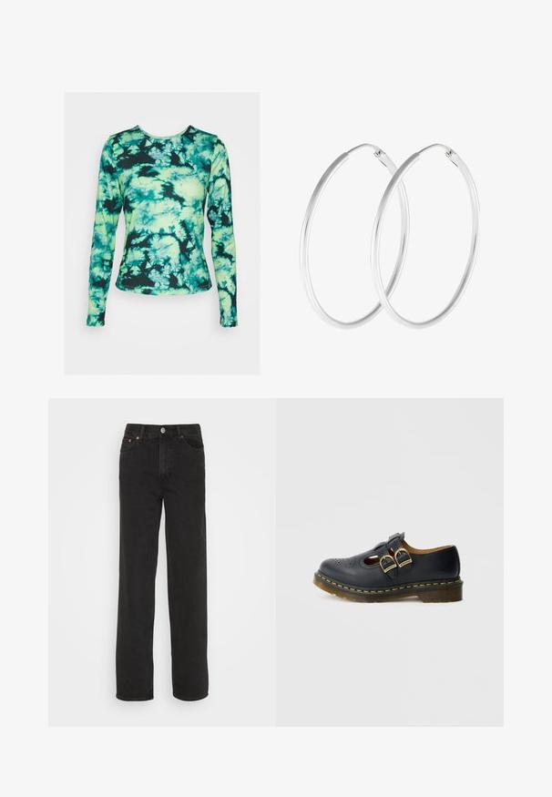 Pieces PCKAMMA O NECK CUT OUT - Camiseta de manga larga - pistachio green/abstract black; Jeans negros de pierna recta con cinco bolsillos, botón frontal y trabillas para el cinturón, exhibidos sobre un fondo blanco.; Zapato de cuero negro con dos correas de hebilla, detalles perforados, puntera redondeada y un acento de costura amarilla alrededor de la suela.; Pendientes de aro en tono plateado con forma redonda y un acabado pulido. Ambos pendientes son del mismo tamaño y cuentan con un mecanismo de cierre seguro.