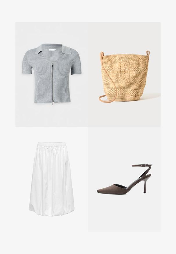 Cardigan gris clair côtelé à manches courtes avec col et fermeture éclair argentée sur fond blanc.; Jupe midi blanche avec taille élastique, présentant une texture lisse et légèrement brillante, ainsi qu'un design froncé pour une silhouette volumineuse.; Chaussure à talon haut en daim marron à bout pointu, avec une fine bride de cheville et une boucle argentée sur fond blanc.; Sac seau en paille tressée avec motif texturé et bandoulière en cuir, présenté debout sur un fond clair uni.