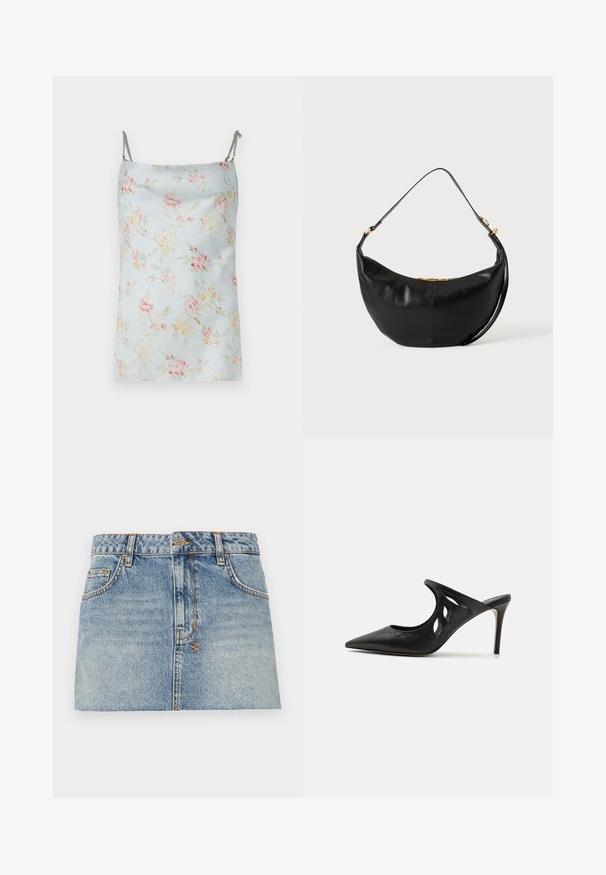 Rabanne Top - pink/blue/green/yellow; Svetlomodrá džínsová mini sukňa s úzkym pásom, predným zapínaním na gombíky a dvoma bočnými vreckami. Má surové lemovanie a kontrastné švy.; Čierne kožené vysoké špičaté papuče s výrezmi po stranách a hladkou textúrou. Stiletto podpätok a jemný steh.; Čierna kožená kabelka v tvare polmesiaca s jedným ramenným popruhom a zlatým detailom zipsu na jednofarebnom pozadí.