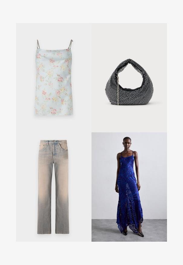 Rabanne Top - pink/blue/green/yellow; Svetlomodré denimové džínsy s rovným strihom, prednými vreckami, jemným zovretím a štandardným pásom s kovovým gombíkom.; Maxi šaty s potlačou zvieracích vzorov v modrej a fialovej farbe, s tenkými ramienkami, priliehavým telom, rozšíreným lemom a priesvitnými detailmi.; Čierna sieťovaná kabelka zdobená striebornými nitmi, s obľúbenou rukoväťou a reťazovou popruhom. Mäkká textura s zaobleným tvarom.
