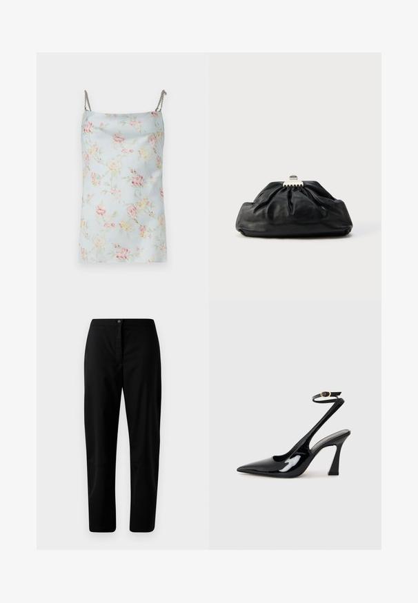 Rabanne Top - pink/blue/green/yellow; Sorte lige bukser med knap- og lynlåslukning, glat stof og minimal detaljering mod en ensfarvet lyse baggrund.; Sorte patentlæder slingback højhælede sko med spids tå, justerbar ankelrem og moderat blokhæl. Glat tekstur med blank finish.; Sort læderclutch med en samlet tekstur, metal lukning og diskret præget logo på forsiden. Rundet form.