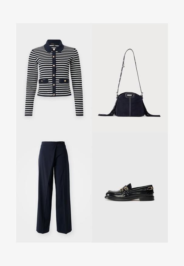 Cardigan en tricot à manches longues rayé bleu marine et blanc, avec des boutons dorés, un col bleu marine et deux poches avant ornées de boutons.; Pantalons larges bleu marine avec un design enroulé, en tissu lisse, taille haute et une fermeture à un bouton à l'avant.; Mocassins en cuir noir avec une finition brillante, dotés de deux boucles dorées et d'un talon bas. Texture lisse avec un design à bout arrondi.; Sac à main en daim bleu foncé avec des coutures blanches, une poignée découpée, une bandoulière à motif et de longues franges des deux côtés.