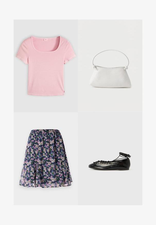 Lyserød ribstrikket kortærmet top med firkantet halsudskæring, lagt fladt på en neutral baggrund.; Blomsterkjole med elastisk talje. Har en mørk navy baggrund med pink, hvide og grønne blomstermønstre. Let og svalende stof.; Sorte balletflade sko i laklæder med rundet tå, snørelukning og flad sål. Glat tekstur med få detaljer.; Hvid fletlæderhåndtaske med afrundet håndtag og ender på remmen, der er knyttet, vist mod en ensfarvet baggrund.