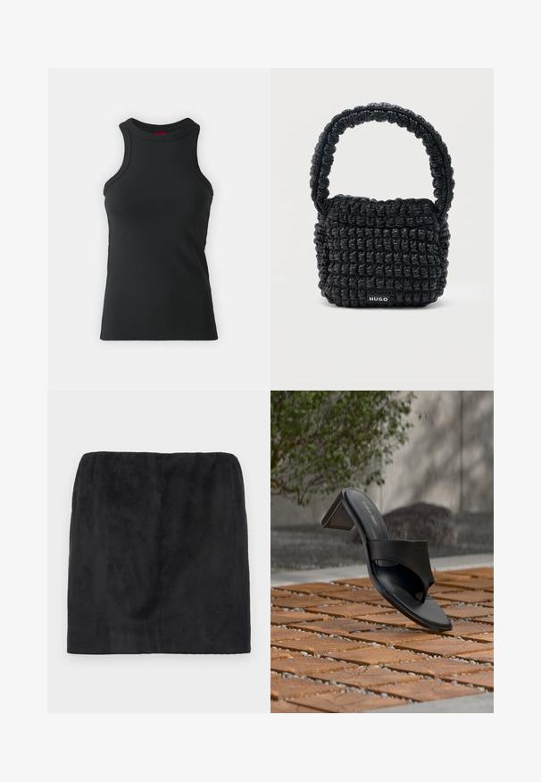 Sort ærmeløs tanktop lavet af strækbart stof. Har en rund hals og en tætsiddende silhuet med minimale syninger.; Sort ruskind mini-skørt med elastisk talje, glat tekstur og et enkelt, rent design uden ekstra udsmykninger.; Sort Calvin Klein hælet sandal med tå-loop på trægulv udendørs nær et træ og en stenmur.; Lille sort quiltet håndtaske med kort polstret håndtag og "HUGO" mærke på forsiden, vist mod en ensfarvet lys baggrund.
