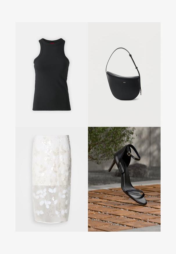 Camiseta sin mangas negra hecha de una tela elástica. Presenta un cuello redondo y una silueta ajustada con detalles de costura mínimos.; Falda hasta la rodilla en crema con un patrón de lentejuelas florales. Capa superior semitransparente, forrada por debajo. Textura suave con varios adornos blancos.; Sandalia negra de tacón alto con correa en el tobillo, parece suspendida sobre un suelo de baldosas de madera al aire libre, con un fondo difuminado de vegetación y piedra.; Bolso de hombro de cuero negro en forma de media luna, con correa ajustable y logo dorado "BOSS" centrado en el frente.