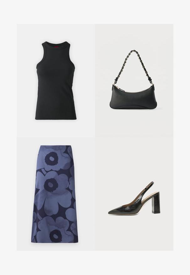 Zwarte mouwloze tanktop gemaakt van rekbare stof. Heeft een ronde hals en een aansluitende snit met minimale stikdetails.; Midi-jurk met bloemenprint met grote donkerblauwe bloemen op een lichterblauwe achtergrond; de stof lijkt glad met een licht glanzende textuur.; Zwarte leren slingback schoen met spits toelopend neusje, hoge blokhak en beige binnenvoering tegen een effen lichte achtergrond.; Zwarte lederen schoudertas met een gebogen rechthoekige vorm, gouden ketting verweven in een gevlochten zwarte band, en een ritssluiting bovenop.