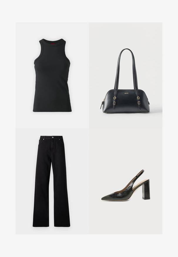 Zwarte mouwloze tanktop gemaakt van rekbare stof. Heeft een ronde hals en een aansluitende snit met minimale stikdetails.; Zwarte wide-leg jeans van denim met een vijf-pockets ontwerp, voorste knoopsluiting en subtiele stikdetails.; Zwarte leren slingback schoen met spits toelopend neusje, hoge blokhak en beige binnenvoering tegen een effen lichte achtergrond.; Zwarte leren handtas met gouden accenten, dubbele banden en "HUGO"-logo aan de voorkant, tegen een effen witte achtergrond.