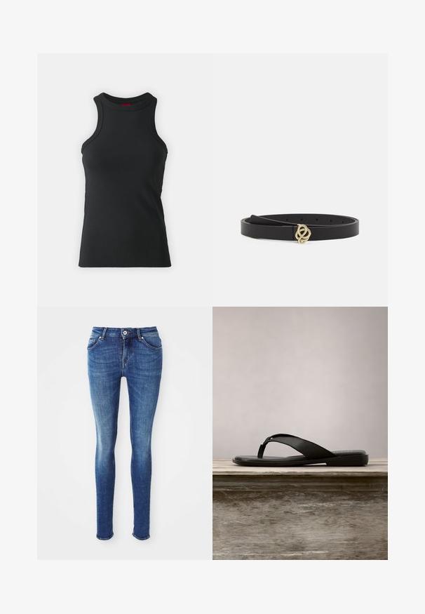 Schwarzes ärmelloses Top aus dehnbarem Material. Mit Rundhalsausschnitt und taillierter Silhouette sowie minimalistischen Nähdetails.; Blaue Denim-Skinny-Jeans mit glatter Textur, mittelhohem Bund, fünf Taschen und leichter Ausbleichung an den Oberschenkeln. Mit Metallknopf und Reißverschluss.; Schwarze Flip-Flops mit flacher Sohle und dünnen Riemen. Hergestellt aus glattem Gummi, mit minimalistischem Design. Einfaches Branding auf dem Fußbett.; Schwarzer Ledergürtel mit einer goldfarbenen Knoten-Schnalle. Der Riemen ist glatt und verfügt über mehrere Einstelllöcher für Flexibilität in der Größe.