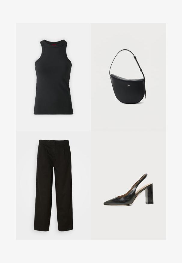 Schwarzes ärmelloses Top aus dehnbarem Material. Mit Rundhalsausschnitt und taillierter Silhouette sowie minimalistischen Nähdetails.; Schwarze Baumwollhosen mit lockerer Passform, zwei vorderen Fältchen, geradem Bein-Design und ohne sichtbare Beschläge.; Schwarzer Leder-Slingback-Schuh mit spitzer Kappe, hohem Blockabsatz und beigegefüttertem Innenraum vor hellem, einfarbigem Hintergrund.; Schwarze halbmondförmige Lederschultertasche mit verstellbarem Schulterriemen und goldenem "BOSS"-Logo mittig vorne.