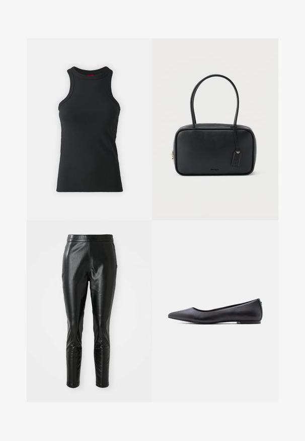 Débardeur sans manches noir en tissu extensible. Présente un col rond et une silhouette ajustée avec des détails de couture minimaux.; Pantalons en cuir noir avec une coupe slim, présentant une texture lisse et une taille haute. Les détails comprennent des accents au niveau des genoux pour un design supplémentaire.; Chaussure plate en cuir noire à bout pointu avec petit talon, vue de profil sur fond blanc.; Sac à main rectangulaire noir avec doubles poignées arrondies, fermeture éclair dorée et logo "HUGO" embossé sur le devant avec une étiquette en cuir attachée.